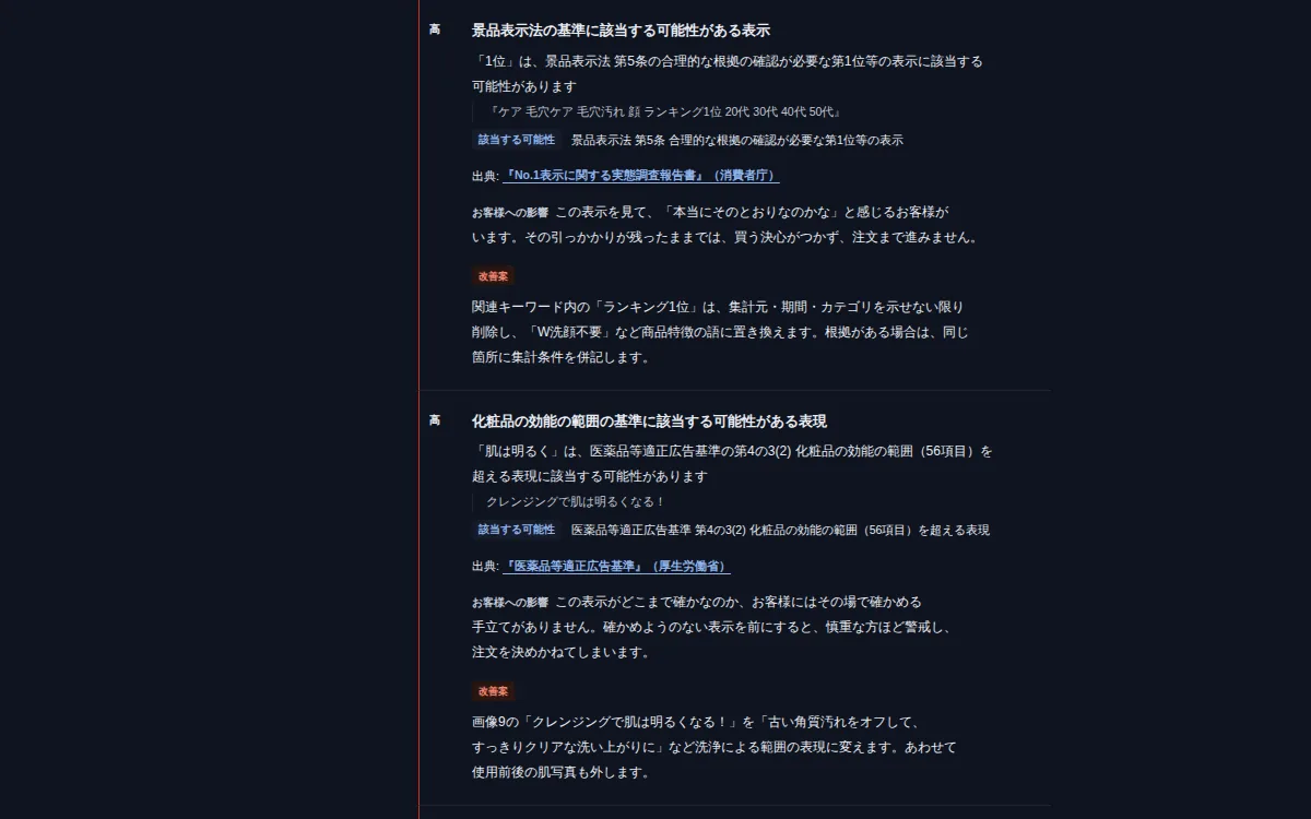 完全レポートの画面：表現チェックの行（出典つき）