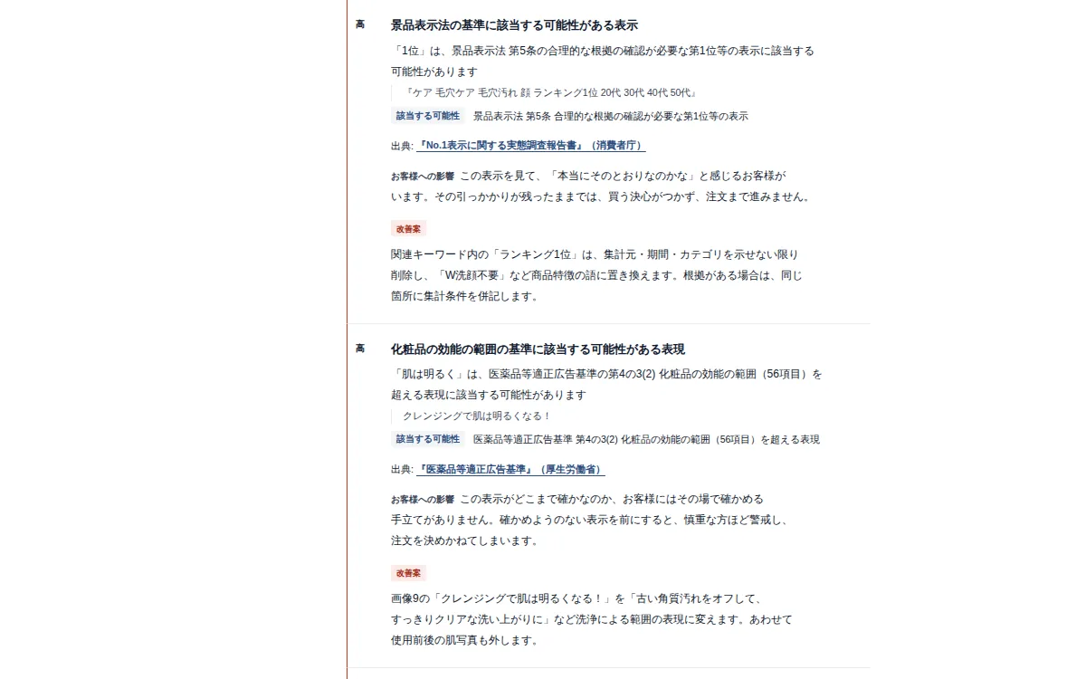 完全レポートの画面：表現チェックの行（出典つき）